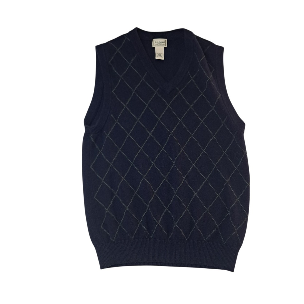 L.L. Bean Sweater Vest Men's Medium Navy Blue 100% Lambs‎ Wool Argyle Grandpa